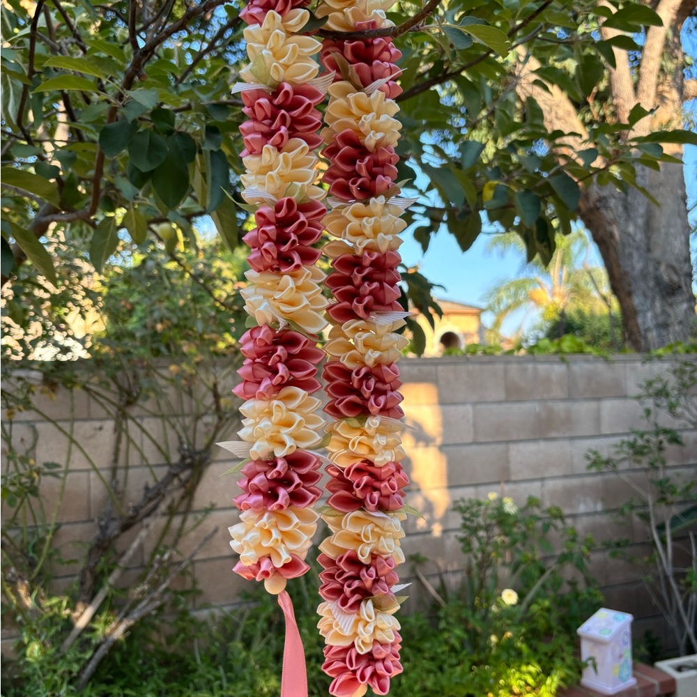 Ribbon Lei with Pink and Ivory Flowers
